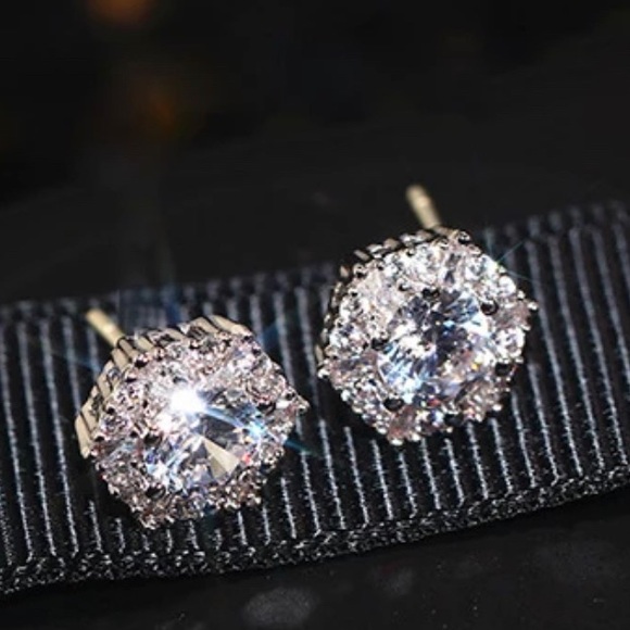 Hexagon Diamond Halo Stud Earrings - Picture 7 of 9